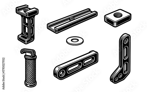Technical gear components in black and white isometric design
