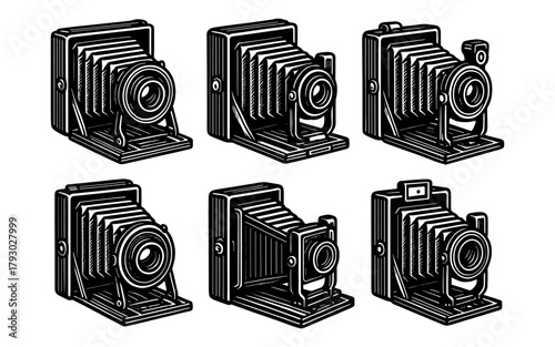 Vintage camera icons: detailed collection of retro photography equipment in black and white