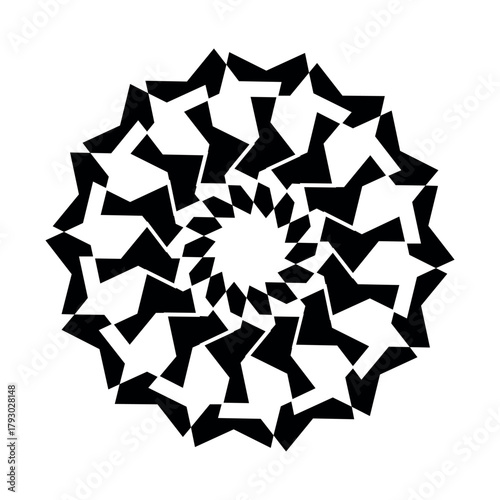 A black and white geometric pattern with a central spiral and radiating angular shapes in a circular design