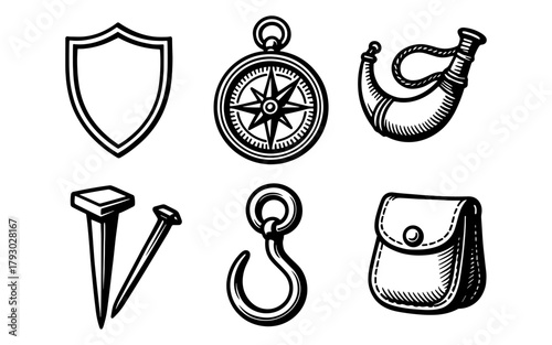 Hand drawn medieval objects: compass, shield, and more in black and white