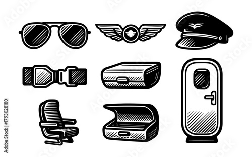 Vintage aviation icons: pilot gear and aircraft elements in retro style