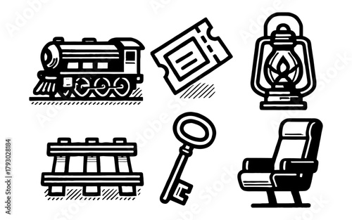 Retro train travel icons featuring locomotive, ticket, lantern, rail tracks, key, and seat
