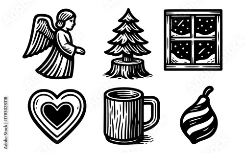 Wallpaper Mural Black and white christmas icons with angel, tree, window, heart, mug, ornament Torontodigital.ca