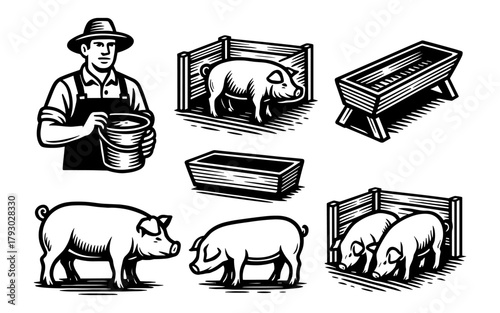 Farm life woodcut: farmer feeding pigs with traditional tools and structures