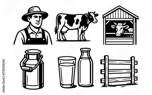 Black and white farm icons: farmer, cow, milk products, barn, fence