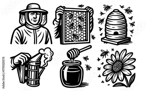 Beekeeping elements: beekeeper, honeycomb, beehive, smoker, honey jar, sunflower, bees