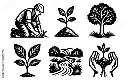 Nature conservation and planting: black and white woodcut art for environmental awareness
