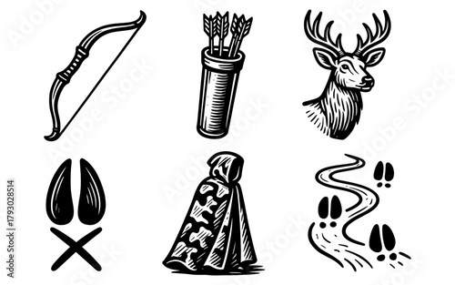 Classic archery and hunting icons in rustic engraving style
