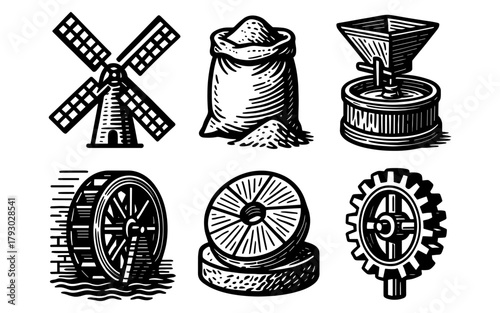 Vintage engraving of windmill and milling equipment collection
