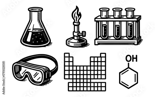 Black and white science icons featuring chemistry equipment and lab symbols