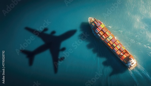 Aerial view shows a cargo ship with the shadow of an airplane on the water beside it