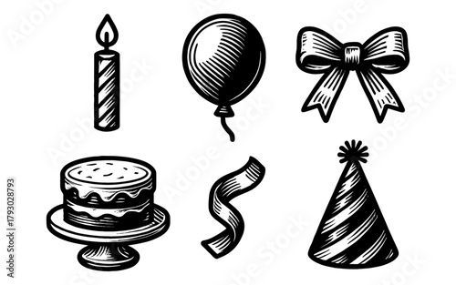 Black and white celebration set: candle, balloon, ribbon, cake, party hat in engraved style