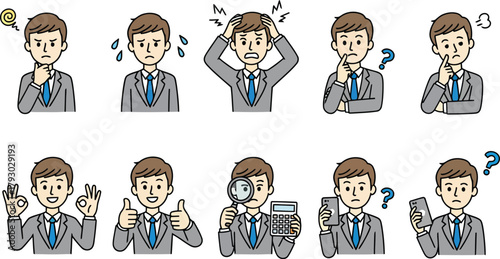 Businessman Emotion and Pose Set. Thinking, Stress, OK, Thumbs Up, and Business Actions.