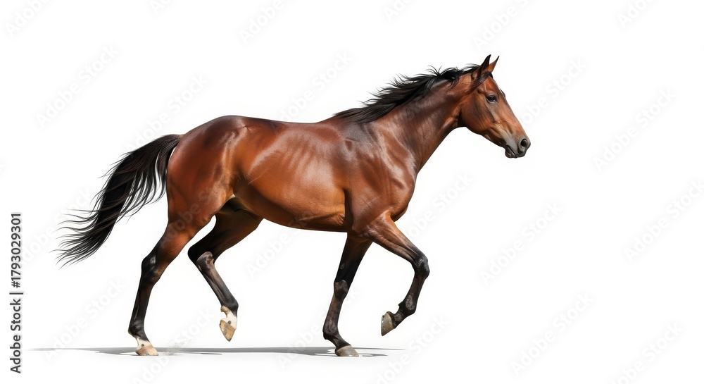 Obraz premium Running Brown Horse on White Background - A beautiful brown horse in motion, running against a clean white backdrop. Graceful animal with a sleek coat