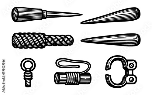 Nautical tools set in vintage style featuring rope, fid, and rigging elements for maritime themes