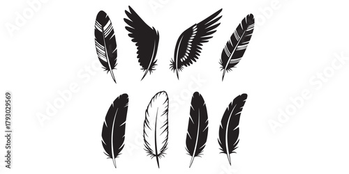 set of feathers, Bird feather icons set. Simple black symbols with different feathers from bird wings., A set of eight black feather silhouettes