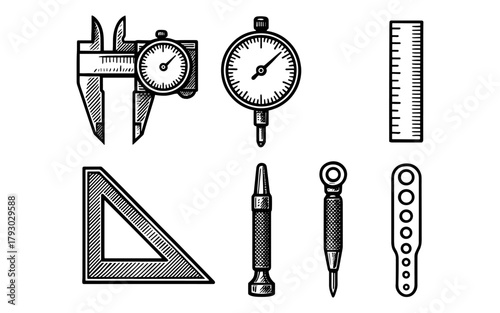 Hand drawn precision tools set with calipers and ruler for engineering design