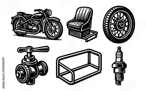 Retro motorcycle and mechanical parts in vintage black and white style