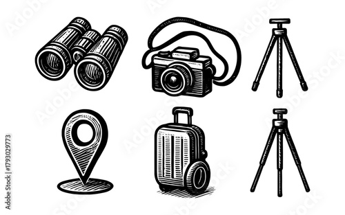 Vintage travel gear sketch featuring camera, binoculars, luggage, tripod, locator