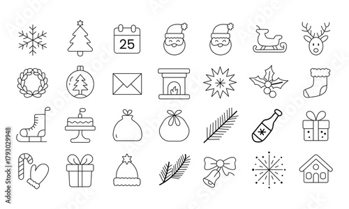 Christmas and winter holiday outline icons collection, celebration.