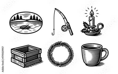 Retro woodcut icons: fishing, candle, wreath, and more