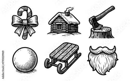Vintage winter: cabin, candy cane, log cabin, and beard in black and white engraving style