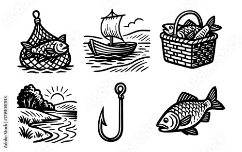Vintage fishing icons: boat, fish, hook, basket, landscape in retro style