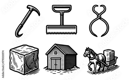 Vintage ice harvesting tools and scenes in retro style