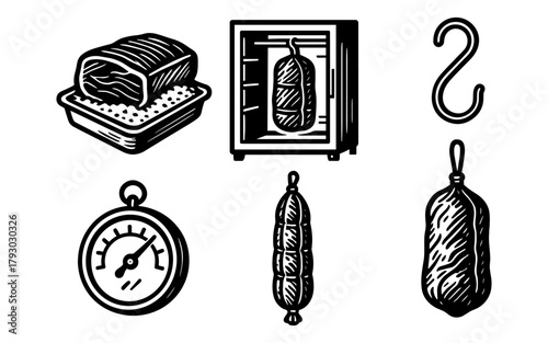 Vintage curing process icons: meat, smoker, sausage, hook, gauge