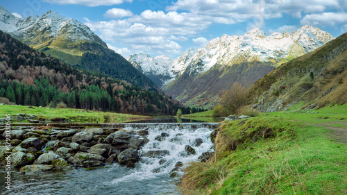 View of Lake Estaing in the Pyrenees mountains in autumn, France