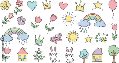 Cute HandDrawn Floral, Crown, Hearts, Bunny, Rainbow, Sun, Star Icons on White