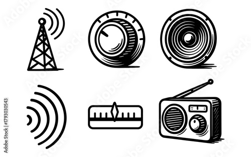 Retro radio icons: hand-drawn broadcast and sound elements