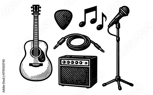 Hand drawn musical set: guitar, microphone, amplifier, and accessories in vintage style