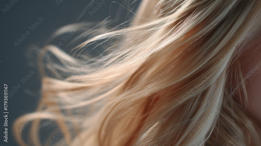 Naklejka premium Soft golden strands of hair flowing in gentle movement against a blurred background