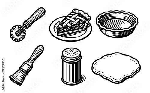 Retro baking utensils and delicious pie slice in hand drawn style