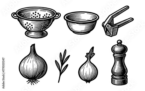 Vintage kitchenware and herbs: hand drawn cooking essentials set