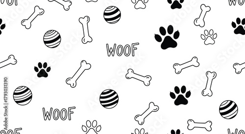 Dog Seamless Pattern Paw Prints, Bones, Striped Balls, 'Woof' on White