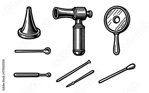 Healthcare tools: hand drawn medical instruments for auditory and visual examination