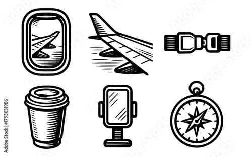 Retro style travel icons: airplane, wing, seatbelt, coffee cup, mirror, compass