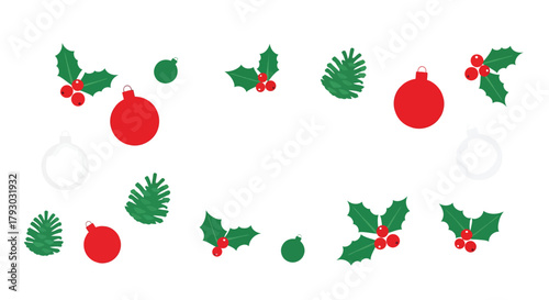 Festive Christmas Decorations - Holly, Ornaments, and Pine Sprigs.