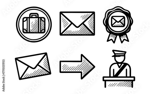 Simple icons for travel and communication: mail, luggage, arrow, security