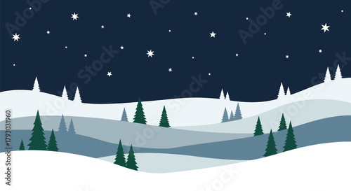 Winter Landscape with Snow-Covered Hills and Evergreen Trees at Night.