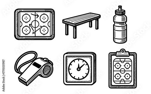 Hand drawn soccer equipment icons for coaching and training materials