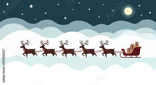 Santas Sleigh and Reindeer Team in Winter Landscape.