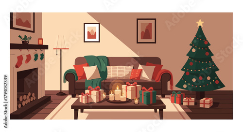 Cozy Christmas Living Room with Tree and Gifts.