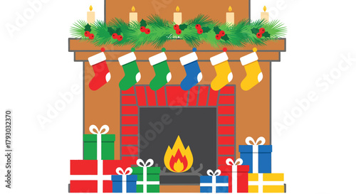 Festive Fireplace Scene with Stockings and Gifts for Christmas.