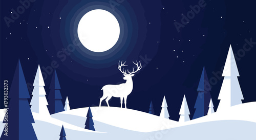 Majestic Deer Silhouette Under Moonlit Winter Landscape Illustration.