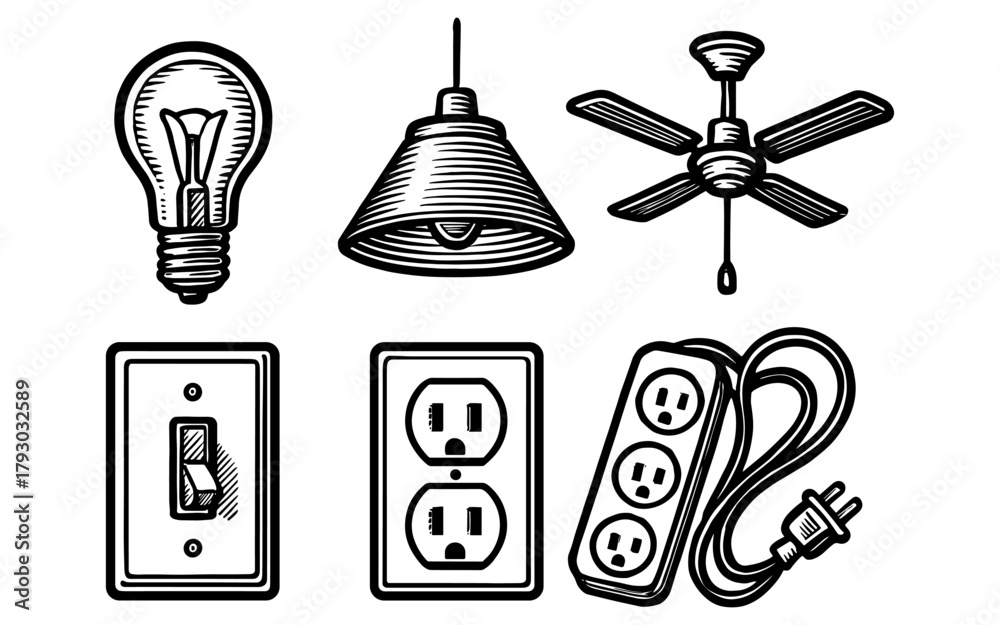 Naklejka premium Vintage style electrical elements: light bulb, ceiling fan, outlets, and switch