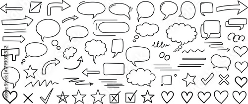 Doodle Elements Set with Arrows, Speech Bubbles, Hearts, Stars on Transparent Background