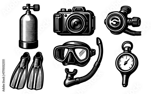Vintage diving gear collection with camera and snorkeling equipment
